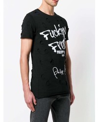 schwarzes und weißes bedrucktes T-Shirt mit einem Rundhalsausschnitt von Philipp Plein