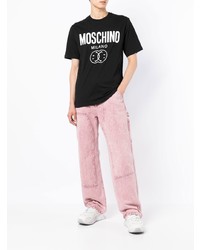 schwarzes und weißes bedrucktes T-Shirt mit einem Rundhalsausschnitt von Moschino