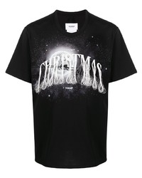 schwarzes und weißes bedrucktes T-Shirt mit einem Rundhalsausschnitt von Doublet
