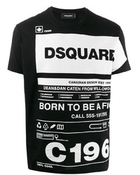 schwarzes und weißes bedrucktes T-Shirt mit einem Rundhalsausschnitt von DSQUARED2