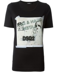 schwarzes und weißes bedrucktes T-Shirt mit einem Rundhalsausschnitt von Dsquared2