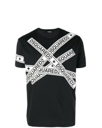 schwarzes und weißes bedrucktes T-Shirt mit einem Rundhalsausschnitt von DSQUARED2