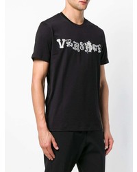 schwarzes und weißes bedrucktes T-Shirt mit einem Rundhalsausschnitt von Versace