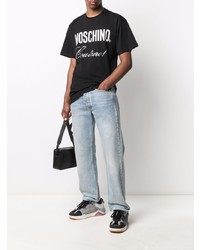 schwarzes und weißes bedrucktes T-Shirt mit einem Rundhalsausschnitt von Moschino