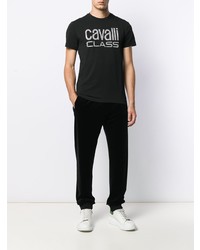 schwarzes und weißes bedrucktes T-Shirt mit einem Rundhalsausschnitt von Cavalli Class