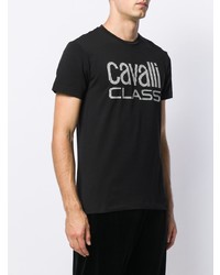 schwarzes und weißes bedrucktes T-Shirt mit einem Rundhalsausschnitt von Cavalli Class