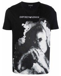 schwarzes und weißes bedrucktes T-Shirt mit einem Rundhalsausschnitt von Emporio Armani