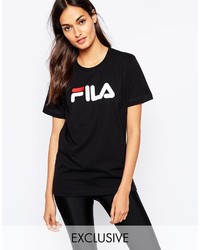 schwarzes und weißes bedrucktes T-Shirt mit einem Rundhalsausschnitt von Fila