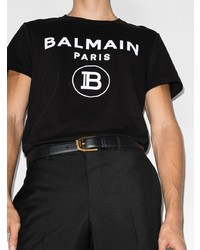 schwarzes und weißes bedrucktes T-Shirt mit einem Rundhalsausschnitt von Balmain