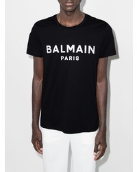 schwarzes und weißes bedrucktes T-Shirt mit einem Rundhalsausschnitt von Balmain