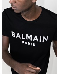 schwarzes und weißes bedrucktes T-Shirt mit einem Rundhalsausschnitt von Balmain