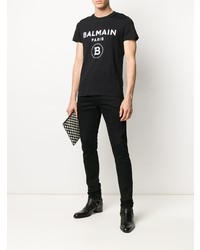 schwarzes und weißes bedrucktes T-Shirt mit einem Rundhalsausschnitt von Balmain