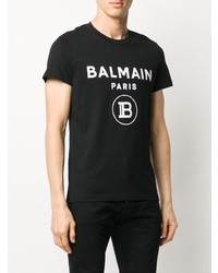 schwarzes und weißes bedrucktes T-Shirt mit einem Rundhalsausschnitt von Balmain