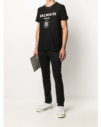 schwarzes und weißes bedrucktes T-Shirt mit einem Rundhalsausschnitt von Balmain