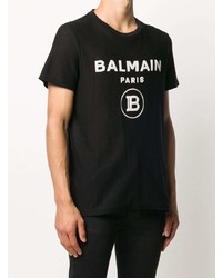 schwarzes und weißes bedrucktes T-Shirt mit einem Rundhalsausschnitt von Balmain