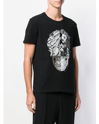 schwarzes und weißes bedrucktes T-Shirt mit einem Rundhalsausschnitt von Alexander McQueen