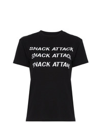 schwarzes und weißes bedrucktes T-Shirt mit einem Rundhalsausschnitt von Ganni