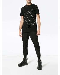 schwarzes und weißes bedrucktes T-Shirt mit einem Rundhalsausschnitt von Rick Owens