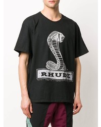 schwarzes und weißes bedrucktes T-Shirt mit einem Rundhalsausschnitt von Rhude