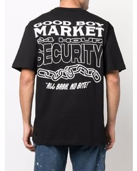 schwarzes und weißes bedrucktes T-Shirt mit einem Rundhalsausschnitt von MARKET