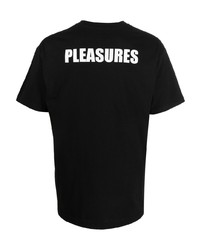 schwarzes und weißes bedrucktes T-Shirt mit einem Rundhalsausschnitt von Pleasures