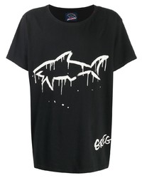 schwarzes und weißes bedrucktes T-Shirt mit einem Rundhalsausschnitt von Greg Lauren X Paul & Shark