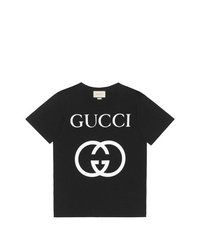 schwarzes und weißes bedrucktes T-Shirt mit einem Rundhalsausschnitt von Gucci