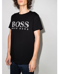 schwarzes und weißes bedrucktes T-Shirt mit einem Rundhalsausschnitt von BOSS