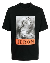 schwarzes und weißes bedrucktes T-Shirt mit einem Rundhalsausschnitt von Heron Preston