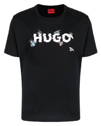 schwarzes und weißes bedrucktes T-Shirt mit einem Rundhalsausschnitt von Hugo