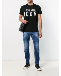 schwarzes und weißes bedrucktes T-Shirt mit einem Rundhalsausschnitt von DSQUARED2