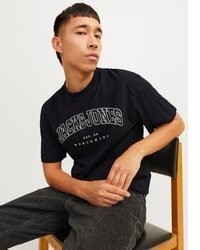 schwarzes und weißes bedrucktes T-Shirt mit einem Rundhalsausschnitt von Jack & Jones
