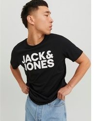 schwarzes und weißes bedrucktes T-Shirt mit einem Rundhalsausschnitt von Jack & Jones