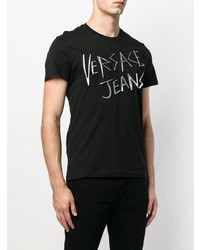 schwarzes und weißes bedrucktes T-Shirt mit einem Rundhalsausschnitt von Versace