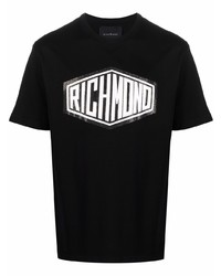 schwarzes und weißes bedrucktes T-Shirt mit einem Rundhalsausschnitt von John Richmond