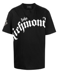 schwarzes und weißes bedrucktes T-Shirt mit einem Rundhalsausschnitt von John Richmond