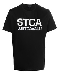 schwarzes und weißes bedrucktes T-Shirt mit einem Rundhalsausschnitt von Just Cavalli