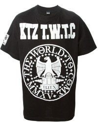 schwarzes und weißes bedrucktes T-Shirt mit einem Rundhalsausschnitt von Kokon To Zai