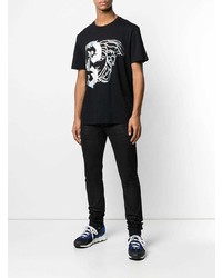 schwarzes und weißes bedrucktes T-Shirt mit einem Rundhalsausschnitt von Versace Collection