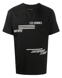 schwarzes und weißes bedrucktes T-Shirt mit einem Rundhalsausschnitt von Les Hommes