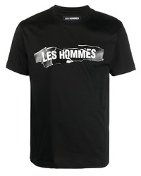 schwarzes und weißes bedrucktes T-Shirt mit einem Rundhalsausschnitt von Les Hommes