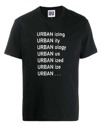 schwarzes und weißes bedrucktes T-Shirt mit einem Rundhalsausschnitt von Les Hommes Urban