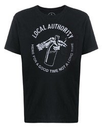 schwarzes und weißes bedrucktes T-Shirt mit einem Rundhalsausschnitt von Local Authority