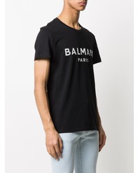 schwarzes und weißes bedrucktes T-Shirt mit einem Rundhalsausschnitt von Balmain