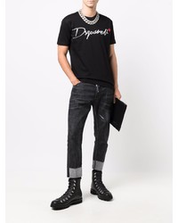 schwarzes und weißes bedrucktes T-Shirt mit einem Rundhalsausschnitt von DSQUARED2