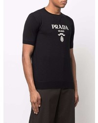 schwarzes und weißes bedrucktes T-Shirt mit einem Rundhalsausschnitt von Prada