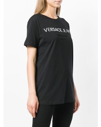 schwarzes und weißes bedrucktes T-Shirt mit einem Rundhalsausschnitt von Versace Jeans