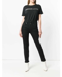 schwarzes und weißes bedrucktes T-Shirt mit einem Rundhalsausschnitt von Versace Jeans