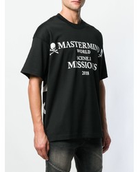 schwarzes und weißes bedrucktes T-Shirt mit einem Rundhalsausschnitt von Mastermind World