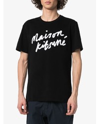 schwarzes und weißes bedrucktes T-Shirt mit einem Rundhalsausschnitt von MAISON KITSUNÉ